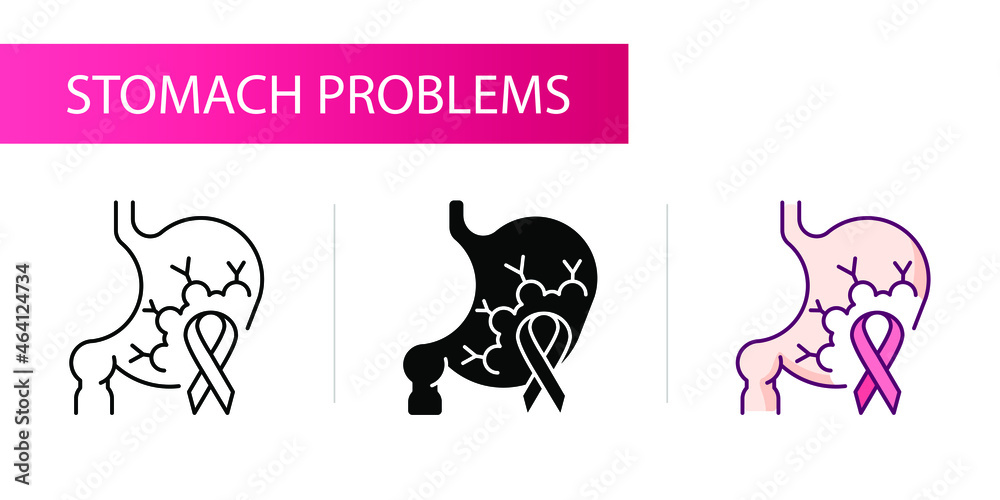 Symptoms of stomach problems (Cancer). Line icon concept