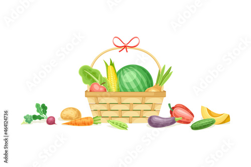 Ripe Vegetables in Basket as Seasonal Harvesting and Yield Vector Illustration