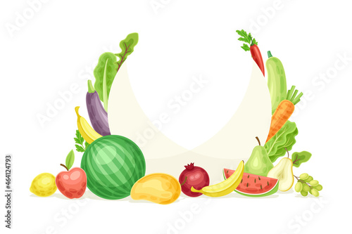 Bright Round Fruit and Vegetable Frame with Ripe and Fresh Garden Cultivar Closeup Vector Illustration