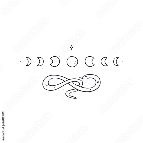 Hand-drawn minimalist line art of the lunar cycle and mystical snake. Black and white vector illustration with isolated astrological symbols. Design element.