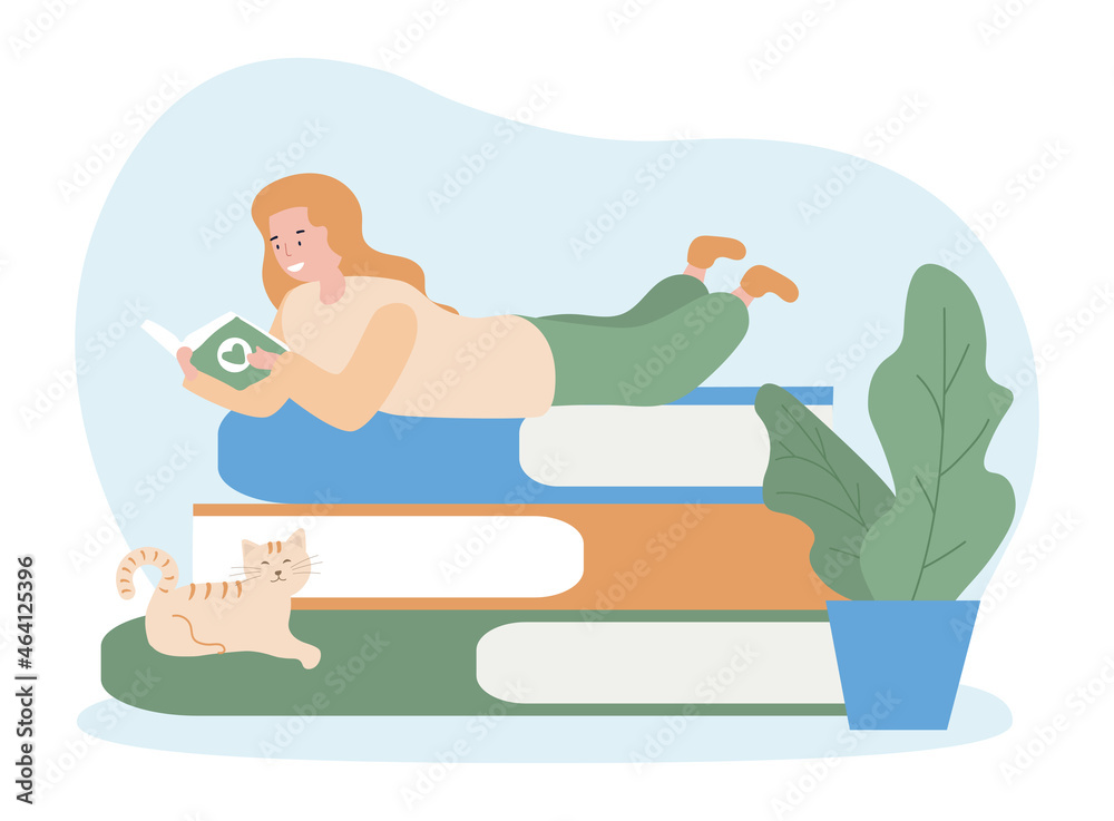 Obraz premium Girl reading book. Woman lies on stack of books. Stories, poems, creativity. Literature, library, cat, pet. Healthy rest at home. Cartoon flat vector illustration isolated on white background