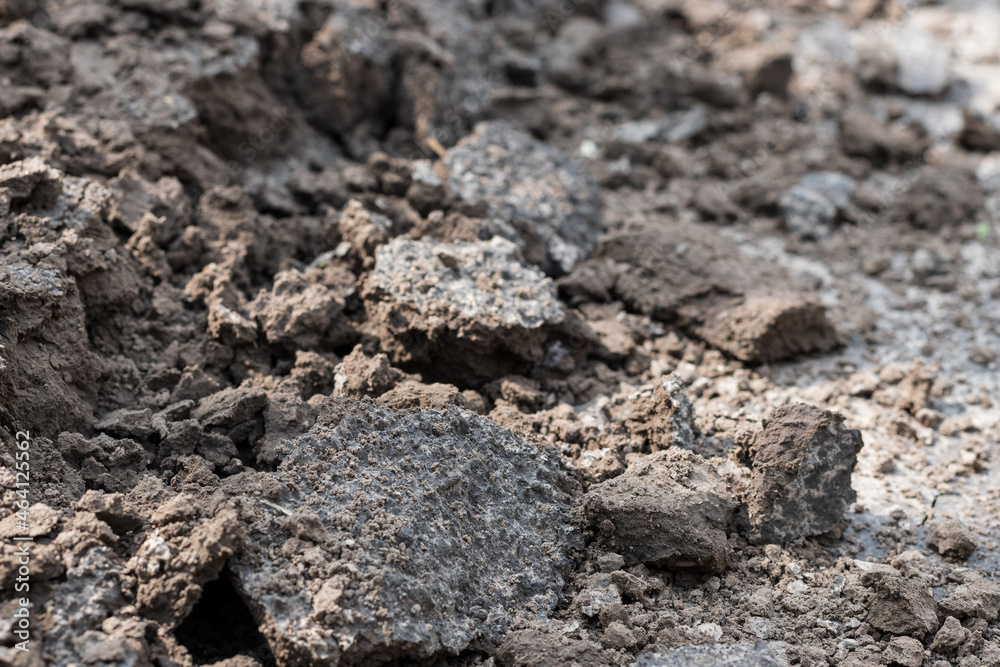 Field soil, dark texture of dirt of farmland, close up photo Field soil, dark texture of dirt of farmland, close up photo