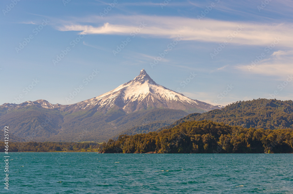 Puntiagudo volcano peak along All Saints Lake near Puerto Varas, Chile.