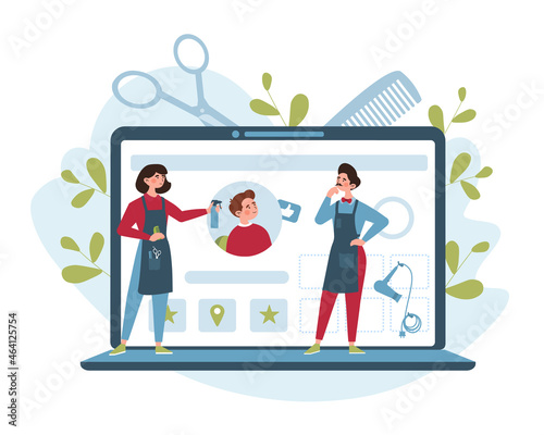 Hairdresser online service. Concept of work of specialist via Internet. Modern technologies, online business, customer choice, screen. Cartoon flat vector illustration isolated on white background