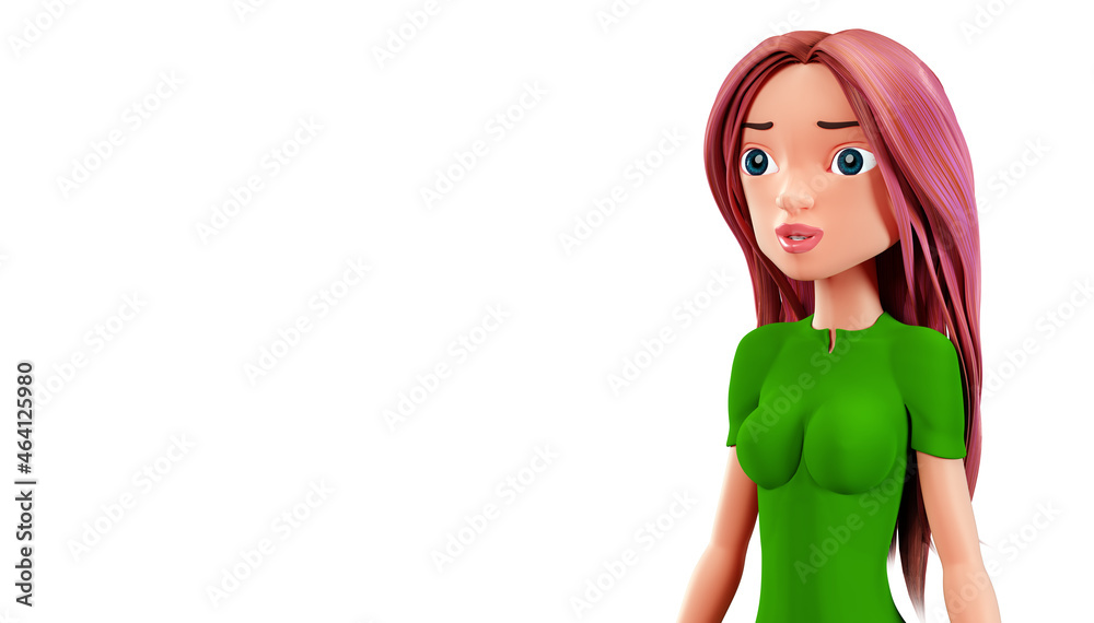 Portrait of a beautiful 3d woman. Cute cartoon fashionable young woman with pink hair. Cartoon character, 3d rendering isolated on a white background. Illustration for advertising, copy space Portrait of a beautiful 3d woman. Cute cartoon fashionable young woman with pink hair. Cartoon character, 3d rendering isolated on a white background. Illustration for advertising, copy space
