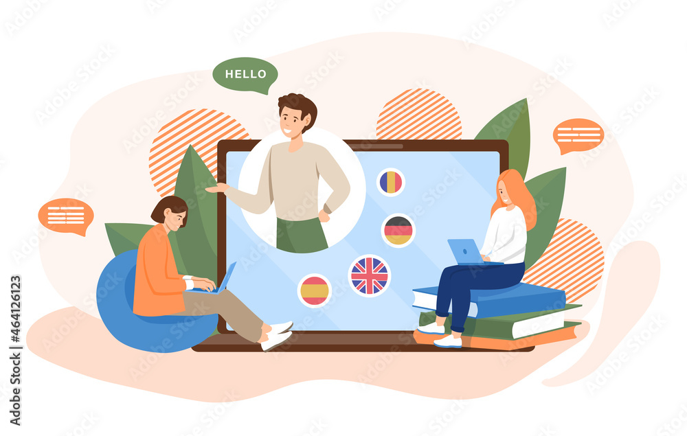 Learning language concept. Man and girl looking at teacher. Large selection of dialects, training website, distance lessons, education. Cartoon flat vector illustration isolated on white background Learning language concept. Man and girl looking at teacher. Large selection of dialects, training website, distance lessons, education. Cartoon flat vector illustration isolated on white background
