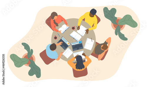 Students working in group. Distance learning. Top view of teenagers preparing for lessons. Teamwork, people think about presentation. Cartoon flat vector illustration isolated on white background