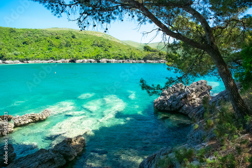 Plavi Horizonti beach landscape. Radovici. Tivat bay. Montenegro. Sandy clearest water beach excellent for kids.