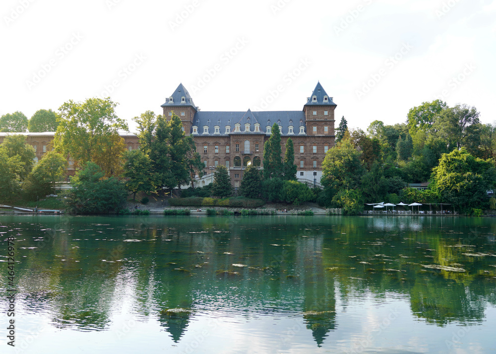 Castello del Valentino baroque castle seen from river Po in Turin, Italy