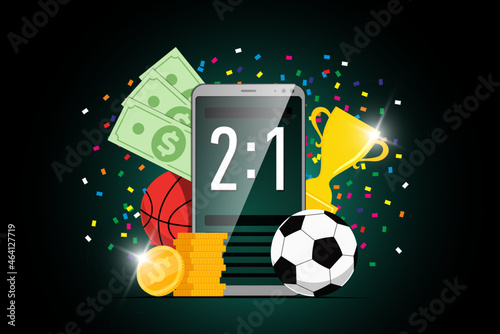 Wallpaper Mural Online sport betting mobile app banner design template with statistics scoreboard on smartphone screen and soccer basketball ball, trophy award cup and winner dollar coins