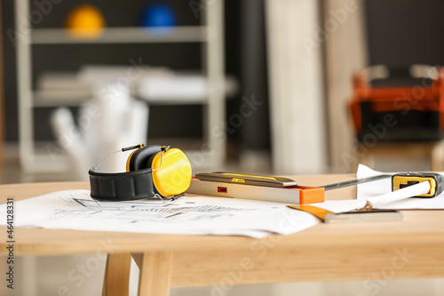 Builder's tools on table in...