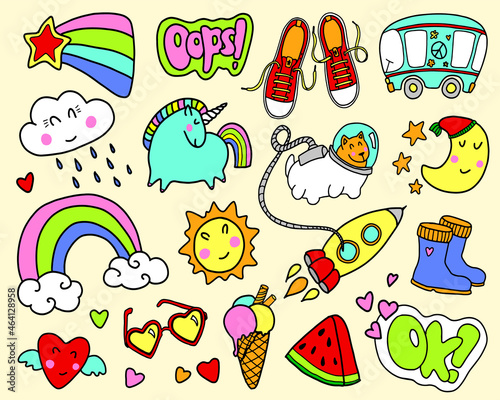 Set of girly graffiti doodles for decoration, stickers or embroidery. Cartoon patch badges or fashion pin badges. Vector