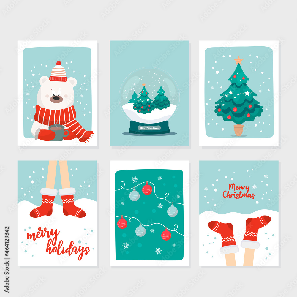Set of six vector Christmas cards with elements of winter decor, Christmas tree, snowflakes, snow, socks, garland, snow globe. Cute vector illustration in cartoon style
