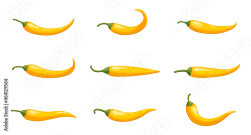 Vector set of realistic hot chilli peppers, large chilly pepper collection isolated on white. Flat vector illustration, cartoon style vegetables.