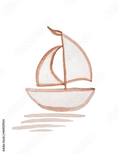 Hand-painted in watercolor paints brown ship with sail, floating in the sea. Isolated on white