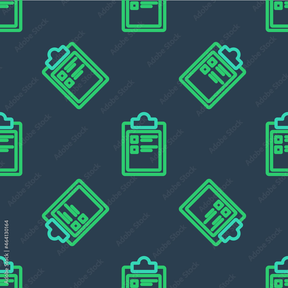 Fototapeta premium Line Sport training program or fitness plan icon isolated seamless pattern on blue background. Vector