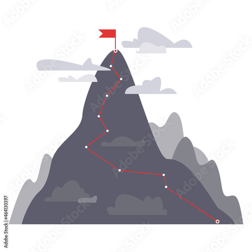 The concept of achieving the goal and the top. Mountain with a red flag on top. Trajectory to victory. Vector on white background.