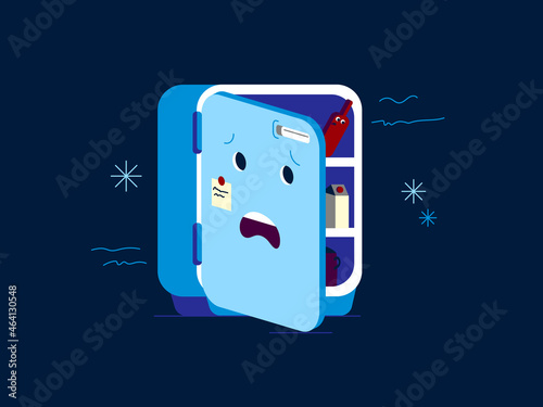 Refrigerator character concept. Isolated cartoon fridge with snowflakes. Vector flat illustration. Sutiable illustration for advertising.