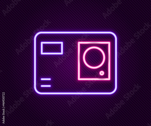 Glowing neon line Action extreme camera icon isolated on black background. Video camera equipment for filming extreme sports. Colorful outline concept. Vector