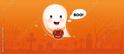 A cute little ghost with a Halloween pumpkin in his hands flies over the cemetery and says - Boo. Vector illustration