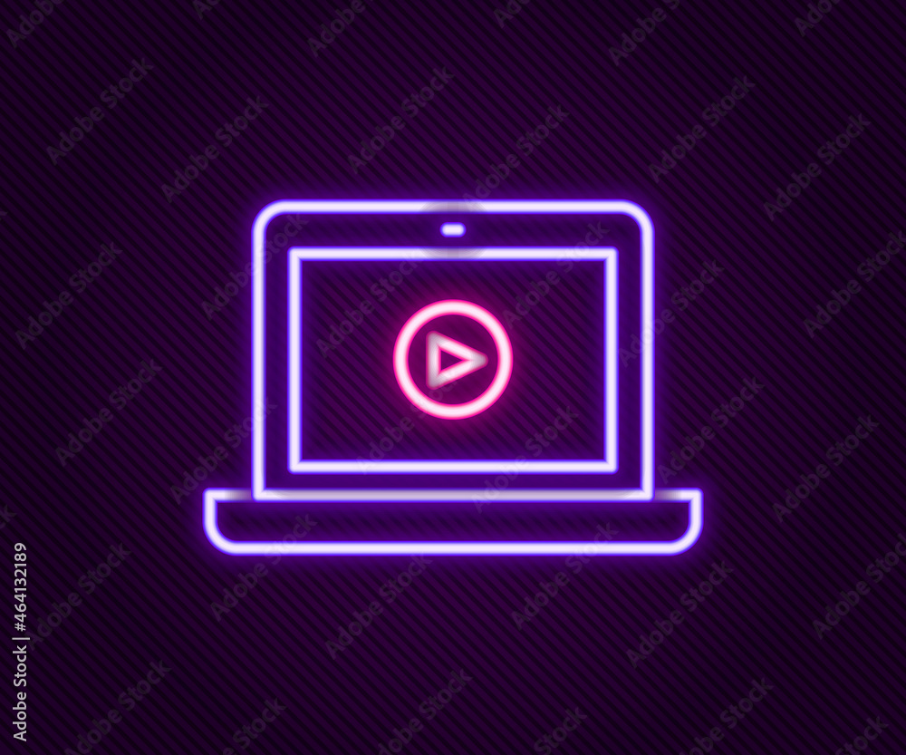 Glowing neon line Online play video icon isolated on black background. Laptop and film strip with play sign. Colorful outline concept. Vector Glowing neon line Online play video icon isolated on black background. Laptop and film strip with play sign. Colorful outline concept. Vector