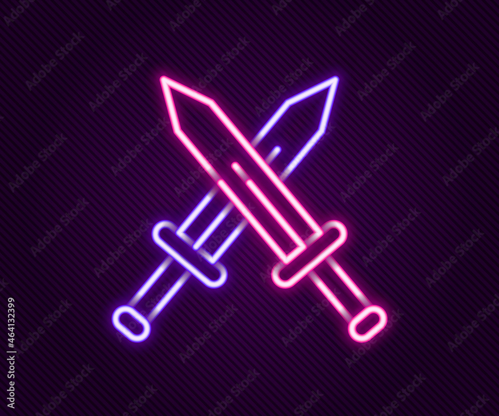 Glowing neon line Crossed medieval sword icon isolated on black background. Medieval weapon. Colorful outline concept. Vector