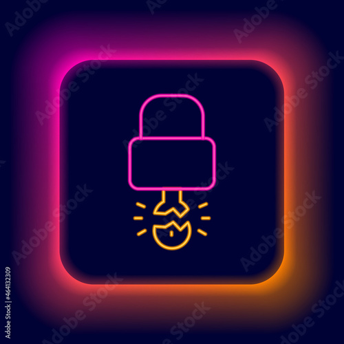 Glowing neon line Key broke inside of padlock icon isolated on black background. Padlock sign. Security, safety, protection, privacy concept. Colorful outline concept. Vector
