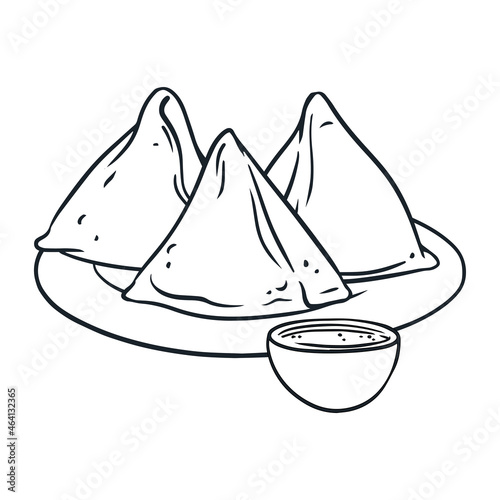 Asian street food. Samosa. Black and white logo. Vector illustration on white background.