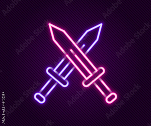 Glowing neon line Crossed medieval sword icon isolated on black background. Medieval weapon. Colorful outline concept. Vector