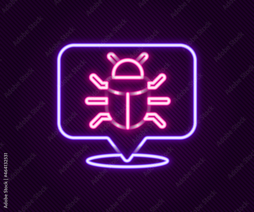 Glowing neon line System bug concept icon isolated on black background. Code bug concept. Bug in the system. Bug searching. Colorful outline concept. Vector