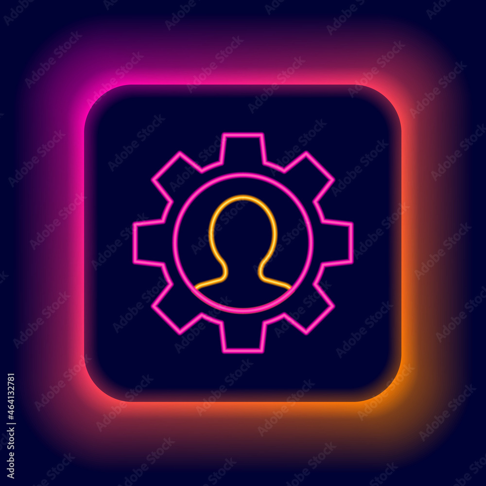 Glowing neon line Human with gear icon isolated on black background. Artificial intelligence. Thinking brain sign. Symbol work of brain. Colorful outline concept. Vector Glowing neon line Human with gear icon isolated on black background. Artificial intelligence. Thinking brain sign. Symbol work of brain. Colorful outline concept. Vector