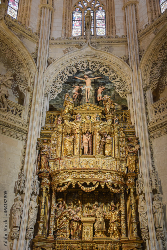 Burgos, Spain - 16 Oct, 2021: Altar of the Chapel of the Condestable in the Style Gothic Cathedral of Burgos, Castilla Leon