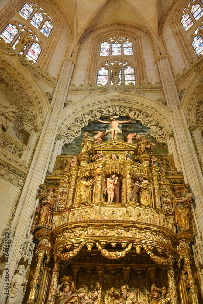 Burgos, Spain - 16 Oct, 2021: Altar of the Chapel of the Condestable in the Style Gothic Cathedral of Burgos, Castilla Leon