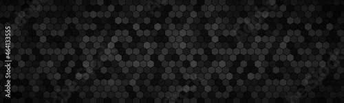 Dark widescreen banner with hexagons with different transparencies. Modern black geometric design header. Simple vector illustration background © kurkalukas