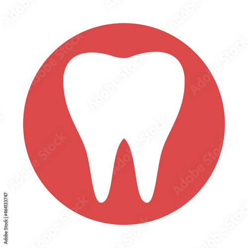 White tooth on a red circle. Logo of the dentist. Vector isolated.