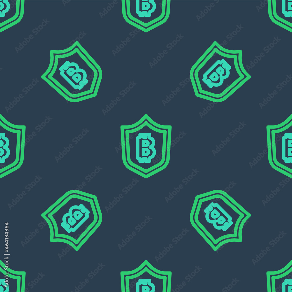 Line Shield with bitcoin icon isolated seamless pattern on blue background. Cryptocurrency mining, blockchain technology, security, protect, digital money. Vector Line Shield with bitcoin icon isolated seamless pattern on blue background. Cryptocurrency mining, blockchain technology, security, protect, digital money. Vector