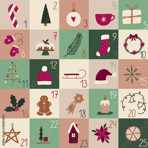 Christmas advent calendar with Christmas ball, cup of tea, hat, mittens, cupcake, poinsettia, candy, sled, garland, house, fir tree and snowflakes. Vector graphics.