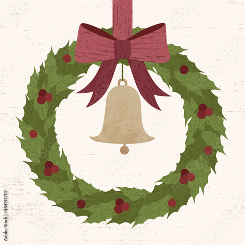 A leaf and berry wreath with bow and bell in a cut paper style with textures
