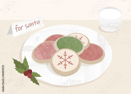 A plate of cookies and milk for Santa in a cut paper style with textures

