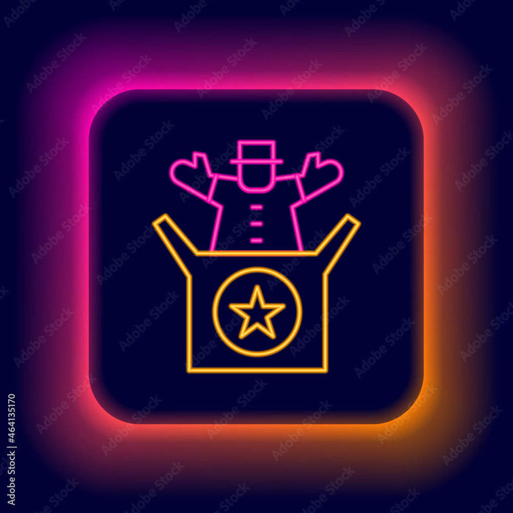 Glowing neon line Jack in the box toy icon isolated on black background. Jester out of the box. Colorful outline concept. Vector Glowing neon line Jack in the box toy icon isolated on black background. Jester out of the box. Colorful outline concept. Vector