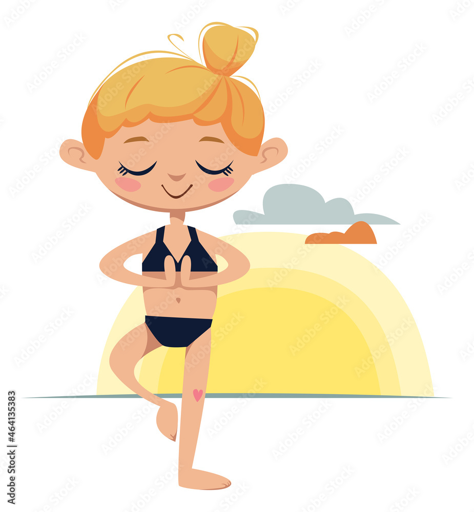 A girl stands on one leg in a yoga pose, against the backdrop of a sunset. Cartoon character doing sports