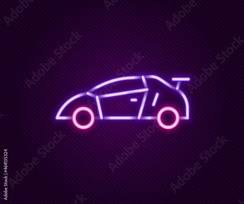 Glowing neon line Sport racing car icon isolated on black background. Colorful outline concept. Vector