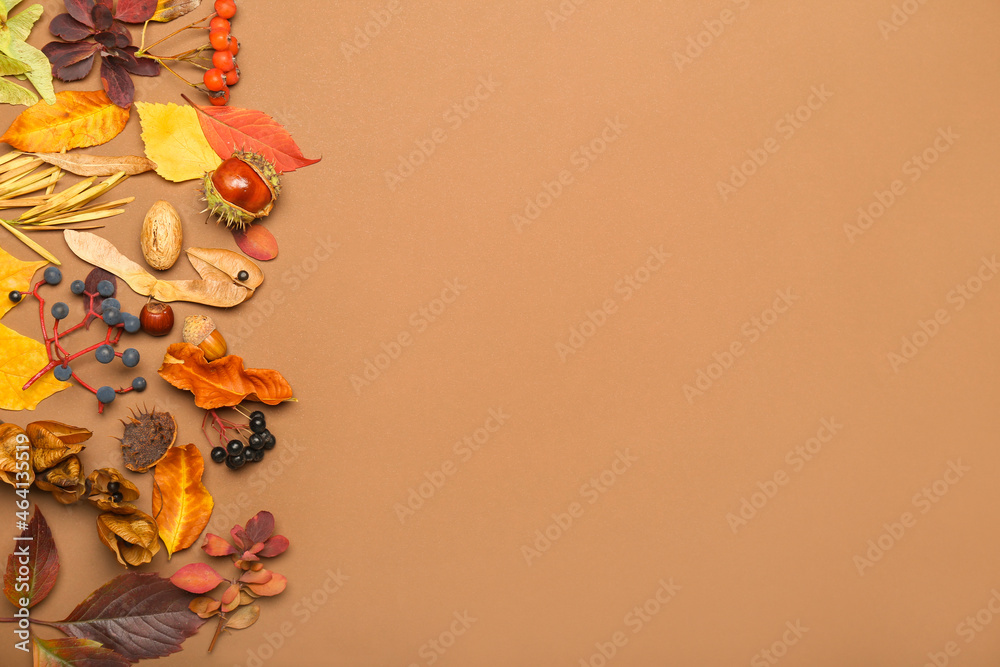 Beautiful autumn composition with fallen leaves on color background, closeup - obrazy, fototapety, plakaty 