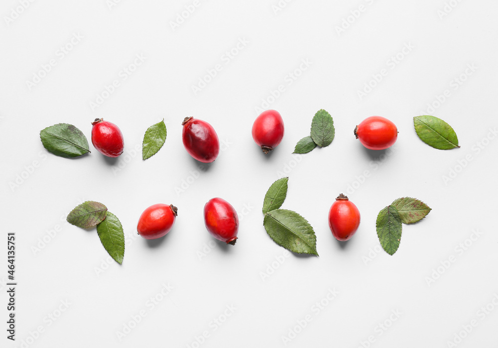 Composition with fresh rose hip berries and leaves on white background Composition with fresh rose hip berries and leaves on white background
