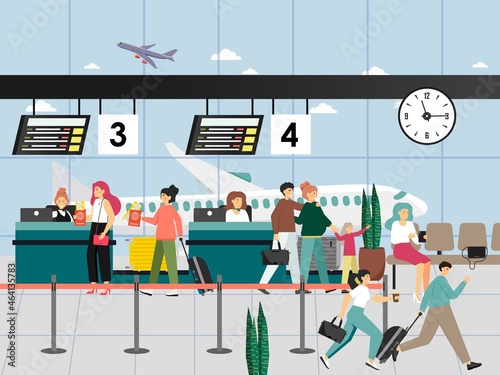 Happy people with luggage, travel documents, tickets at the airport check in counter, flat vector illustration.