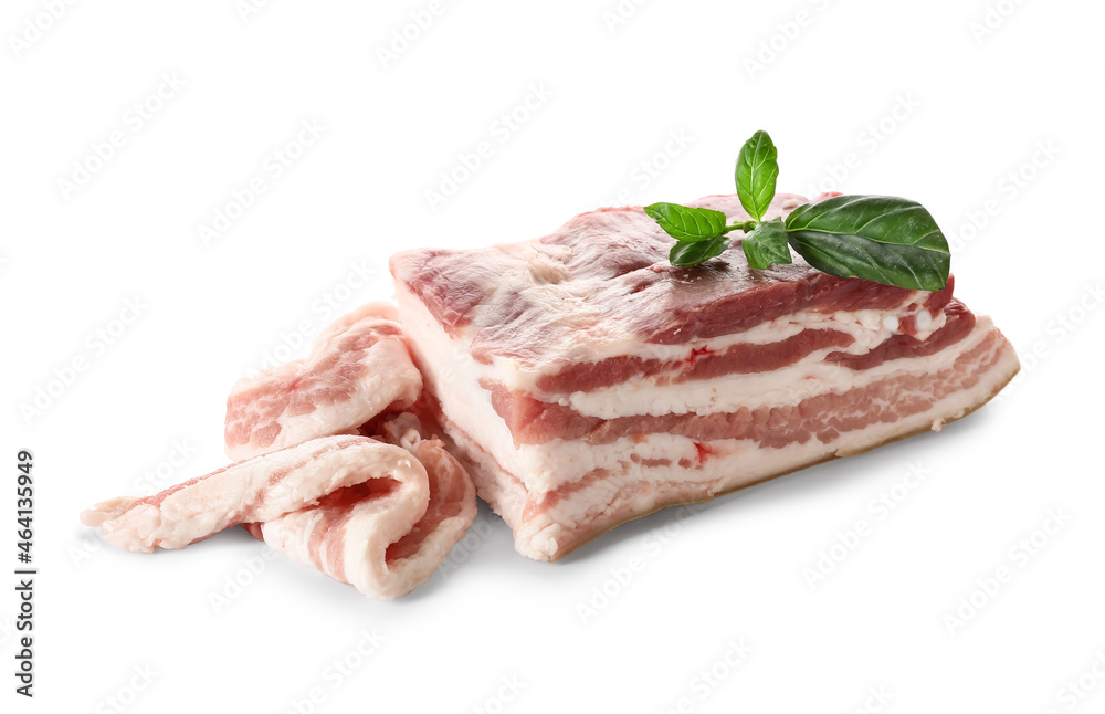 Uncooked bacon on white background