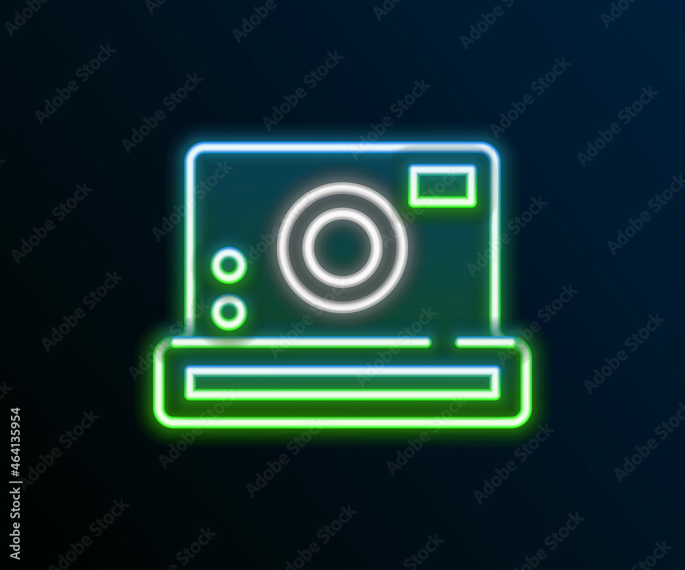Glowing neon line Photo camera icon isolated on black background. Foto camera icon. Colorful outline concept. Vector