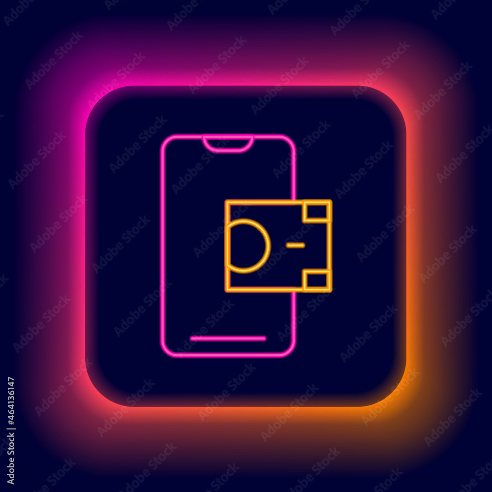Glowing neon line Mobile banking icon isolated on black background. Transfer money through mobile banking on the mobile phone screen. Colorful outline concept. Vector Glowing neon line Mobile banking icon isolated on black background. Transfer money through mobile banking on the mobile phone screen. Colorful outline concept. Vector