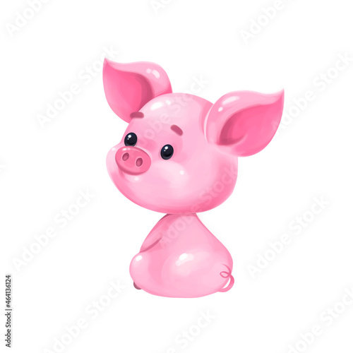 A funny cute pig sits with its back to the viewer. Illustration in the cartoon style. Isolated on white background.