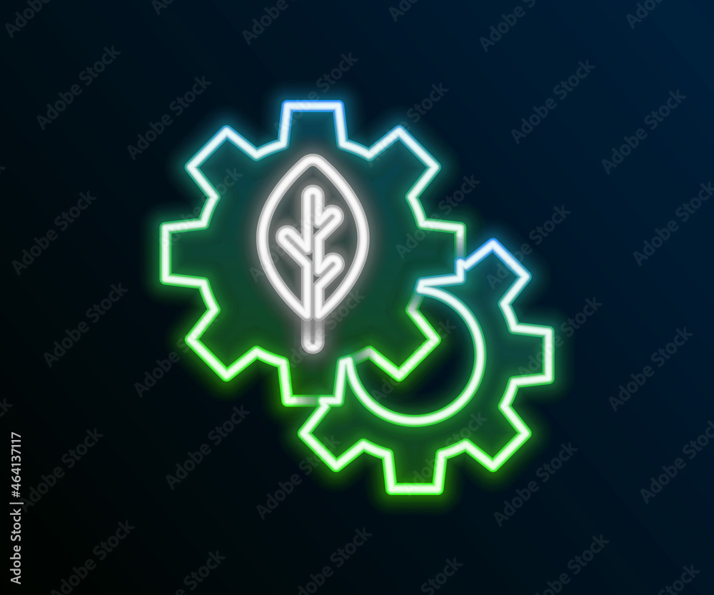 Glowing neon line Leaf plant ecology in gear machine icon isolated on black background. Eco friendly technology. World Environment day label. Colorful outline concept. Vector Glowing neon line Leaf plant ecology in gear machine icon isolated on black background. Eco friendly technology. World Environment day label. Colorful outline concept. Vector